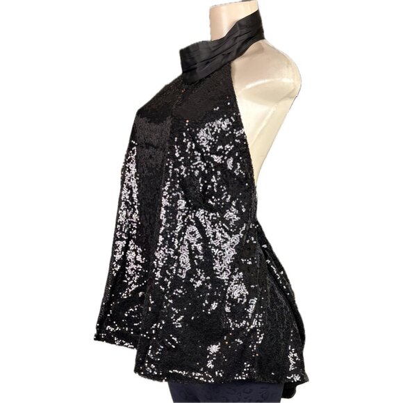 New York & Co. +4X Black Sequin Lined High Satin Neck Open Back Halter Blouse - Picture 3 of 6